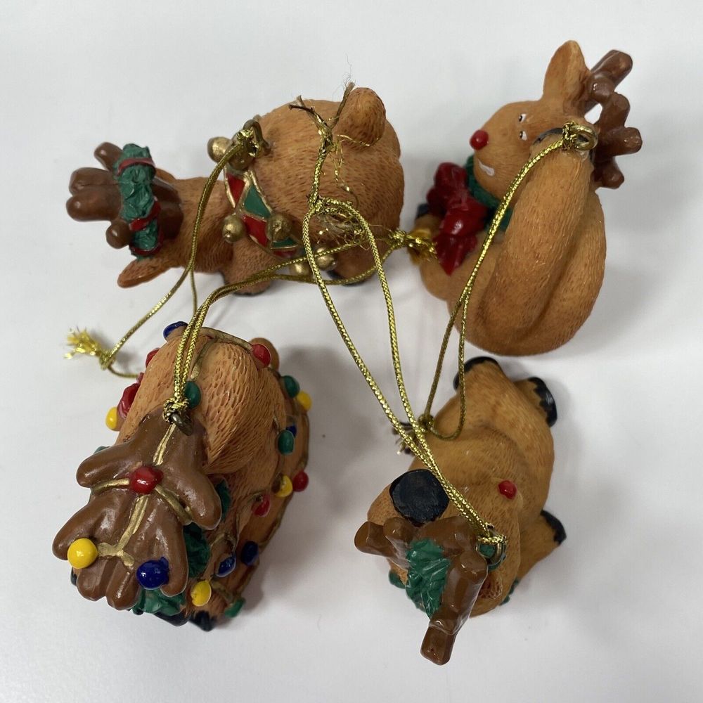 Reindeer Christmas Ornaments Lot Of 4 Silly Pose Animal Red Nosed Resin Decor - Picture 5 of 9